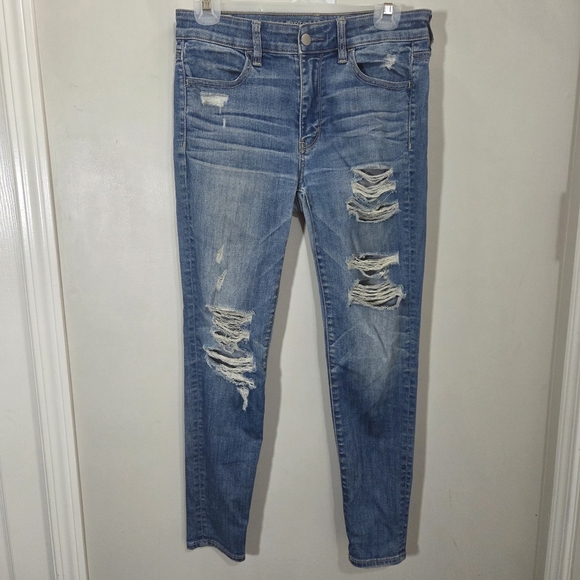 ⭐️American Eagle Blue Distressed Jeggings Size 4 - Picture 1 of 6